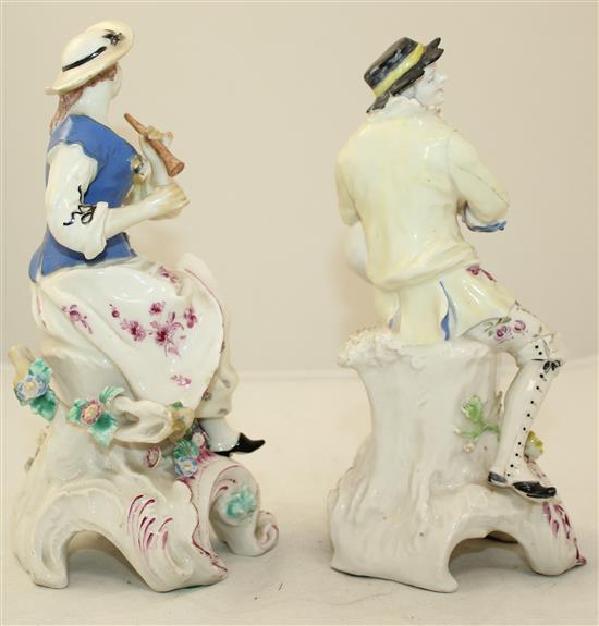 A near pair of Bow figures of musicians, c.1758, 22cm and 23cm, slight restorations